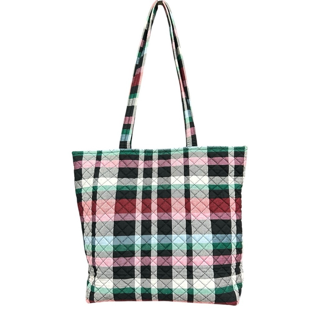 Vera Bradley Quilted Plaid Cotton Tote Bag Pink Green Black Shoulder Carryall